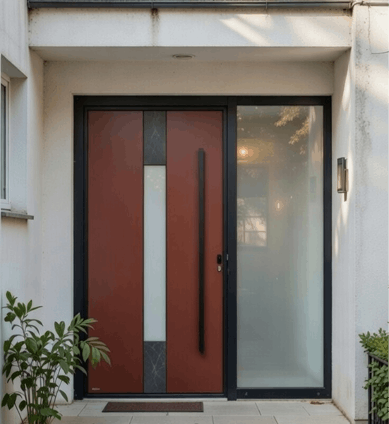 Neue Aluminiumtür in Rot und mit Glas von Hansen-Systeme.